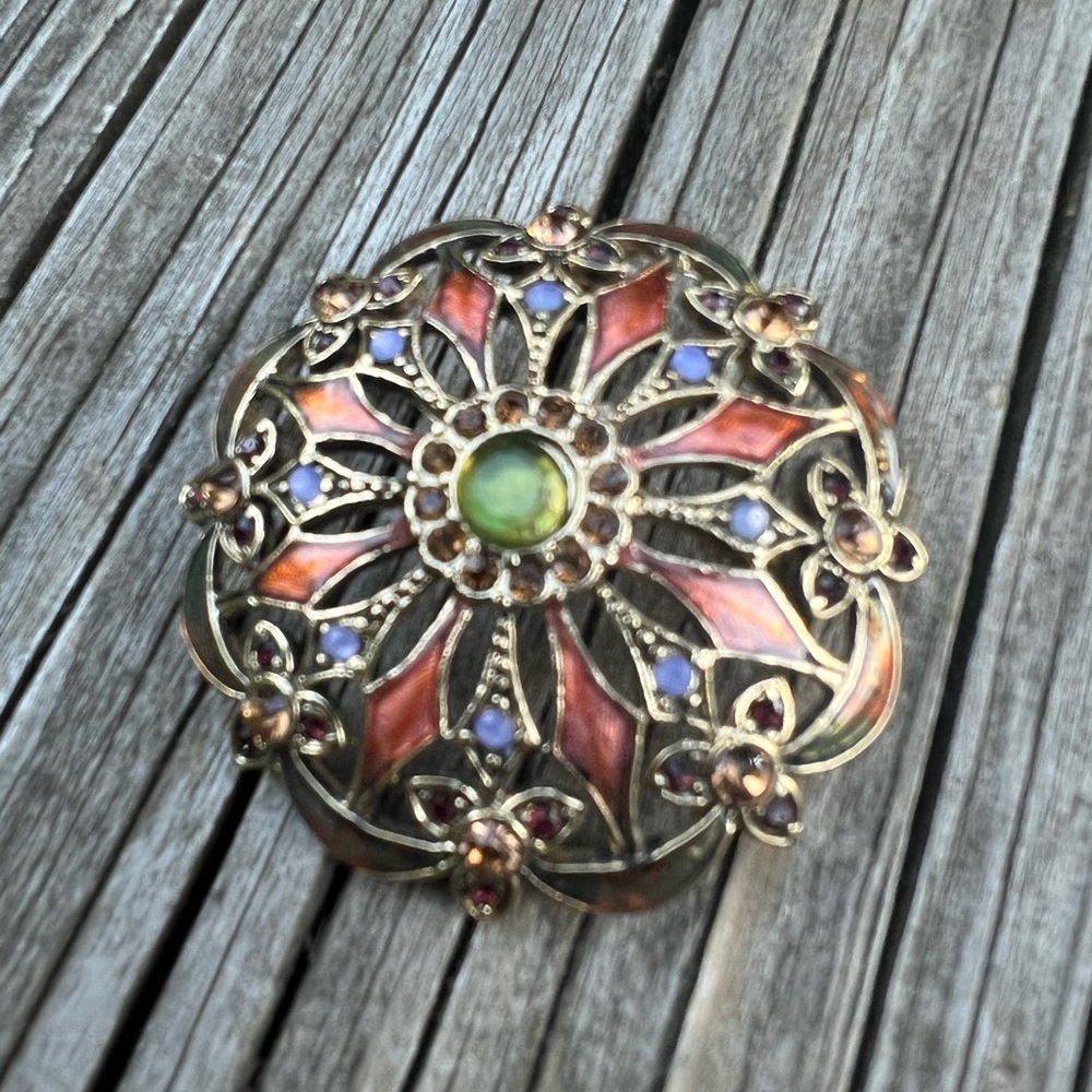 Vintage Monet Copper Enamel GoldTone Rhinestone Round Brooch/Pin 1.75” Width